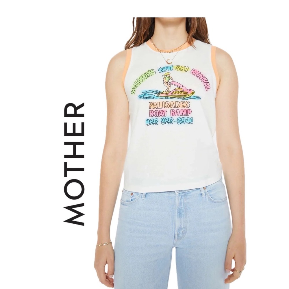Mother Denim The Chin Ups Tank Mothers Wet Ski Rental White Orange Small NWT